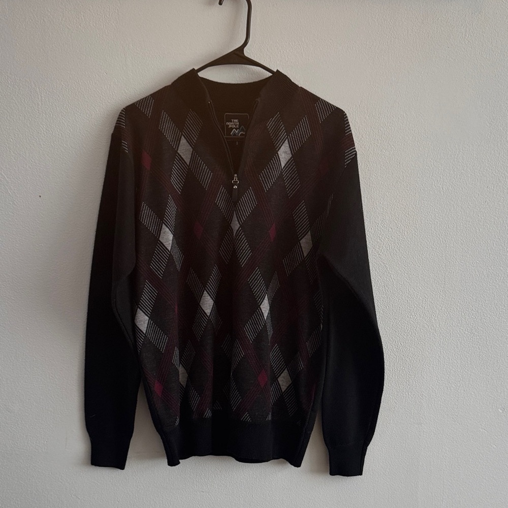 The North Pole Men's Red  and Gray Argyle Sweater size Small